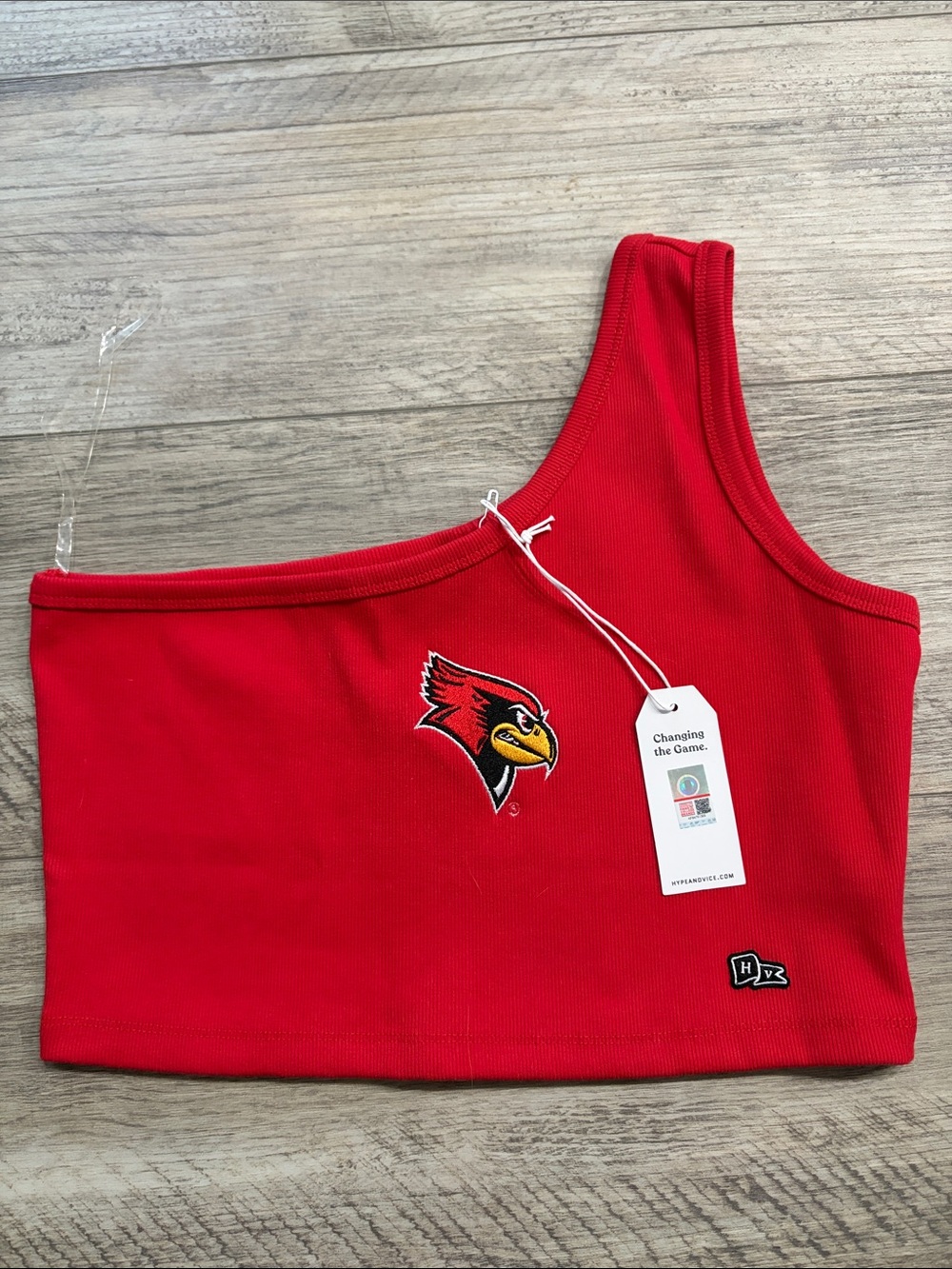 Red One-Shoulder Crop Top with Embroidered Cardinal Logo